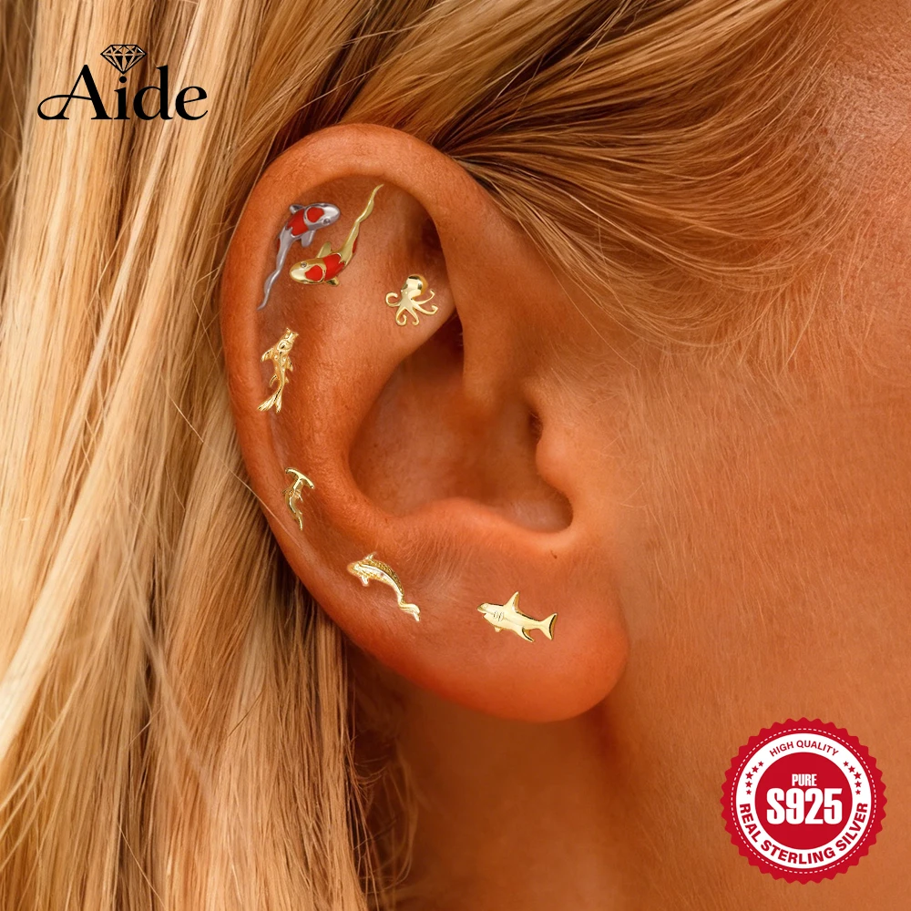 AIDE Piercing Earrings 925 Sterling Silver Trinkets Lucky Red Koi Dinosaur Octopus Snake Ladybug Bird Women Zircon Studs Earring