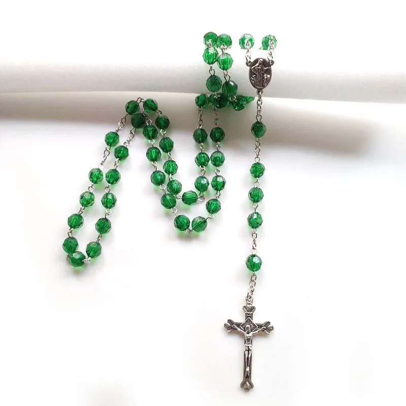 QIGO Green Acrylic Rosary Necklace Vintage Cross Pendant Long For Men Women Christian Church Prayer Ornaments