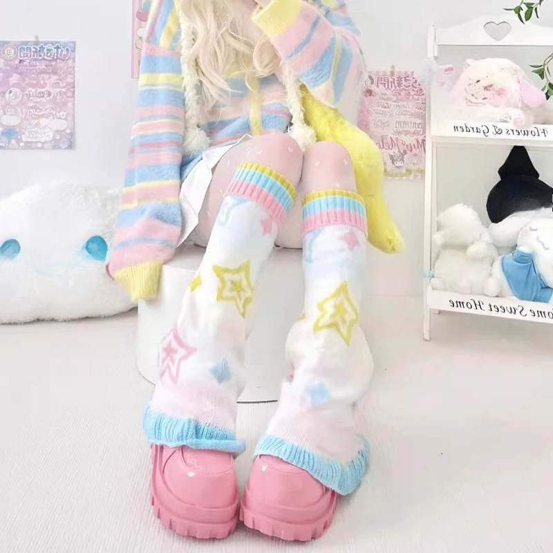 Japanese Design Flared Hosiery Colorful Y2K Star Comic Autumn Winter New Sweet Girl Y2k Knitted Wide Leg Socks Warmers Ladies