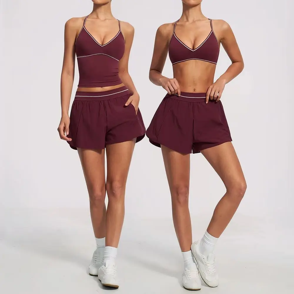 Women 2Pcs Activewear Set V Back Contrast Piping Shorts with Built in Liner and V Neck Crop Top for Gym Tennis Yoga Sportswear