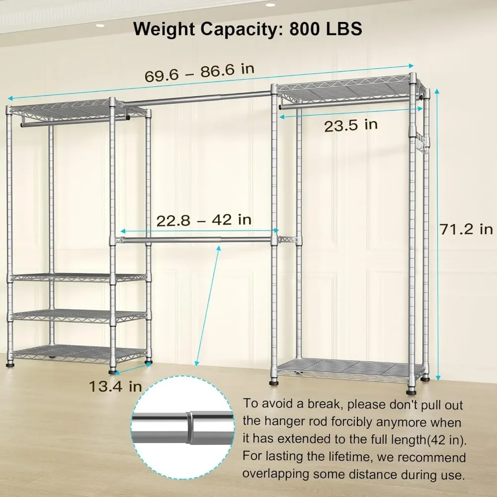 Rack de roupas para armário resistente, armazenamento de roupas expansível autônomo de metal ajustável de 6 camadas com 4 hastes de cabide