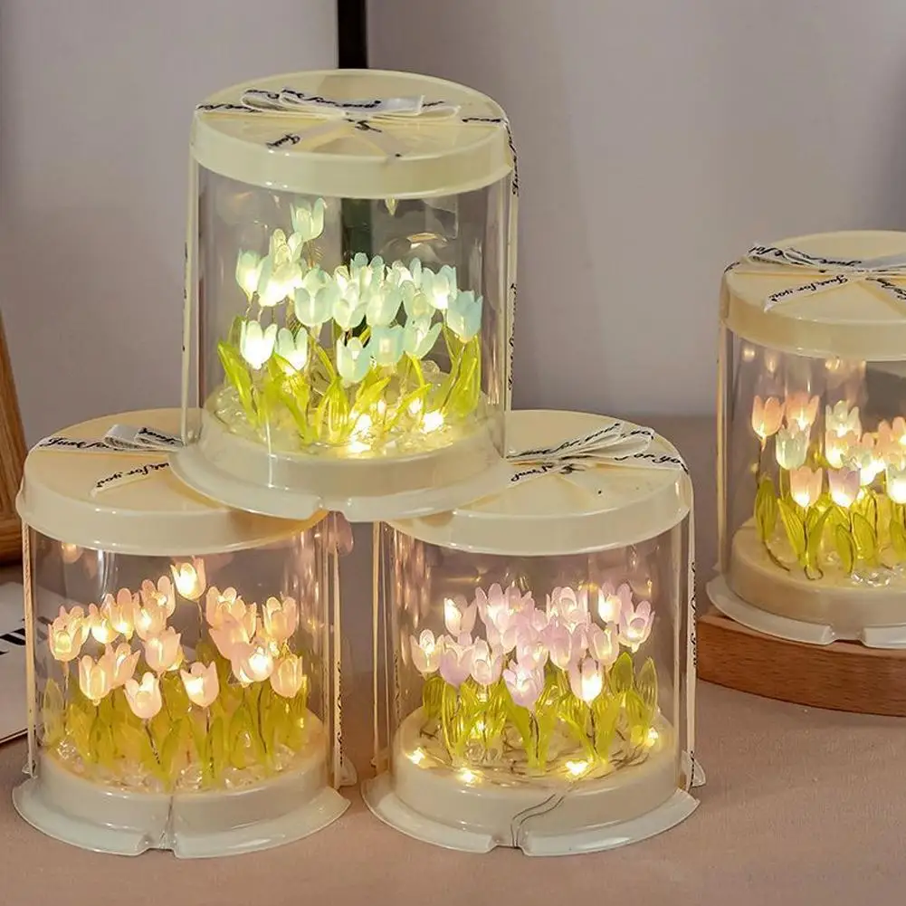 ضوء الليل توليب، مصباح مرآة LED DIY أضواء زينة المنتج النهائي زهرة اصطناعية مصباح طاولة بجانب السرير هدية إبداعية