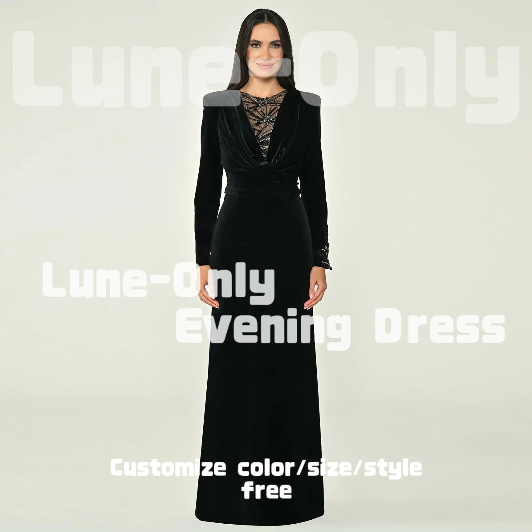 カスタマイズされた黒のベルベット長袖ビーズ付き高級イブニングドレス床丈エレガントなパーティードレスプロムフォーマルドレス