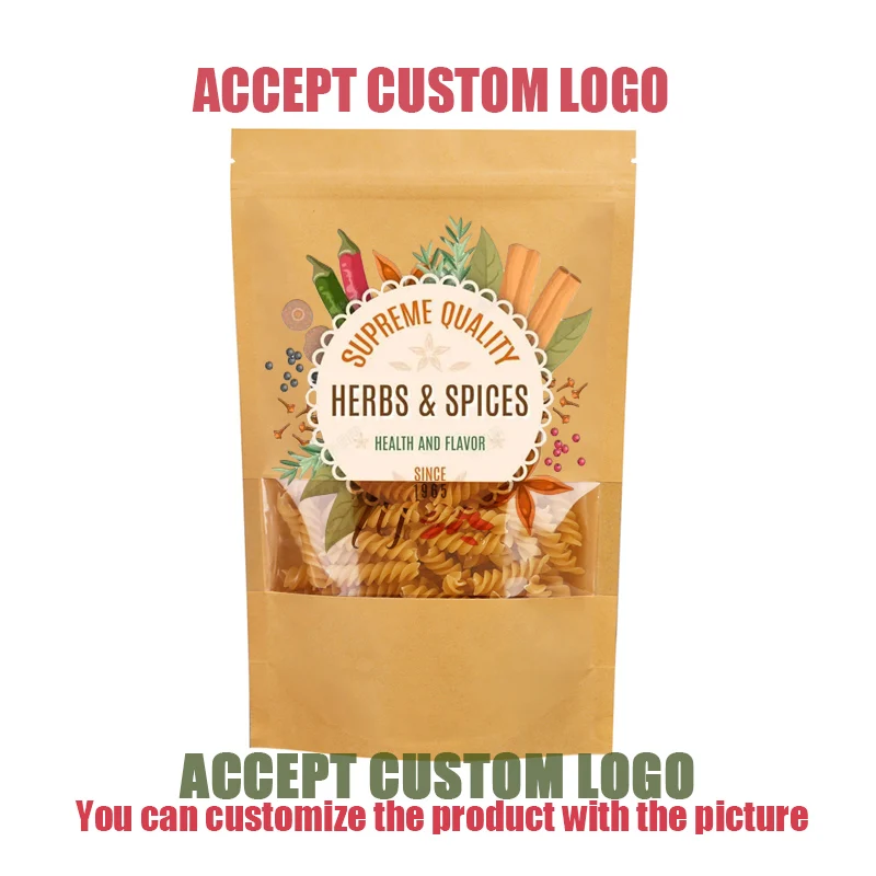 

Custom Printed High Quality kraft Paper Ziplock Bag Gift Dried Food Fruit Tea Packaging Stand Up Window Pouch Self Sealing Bags