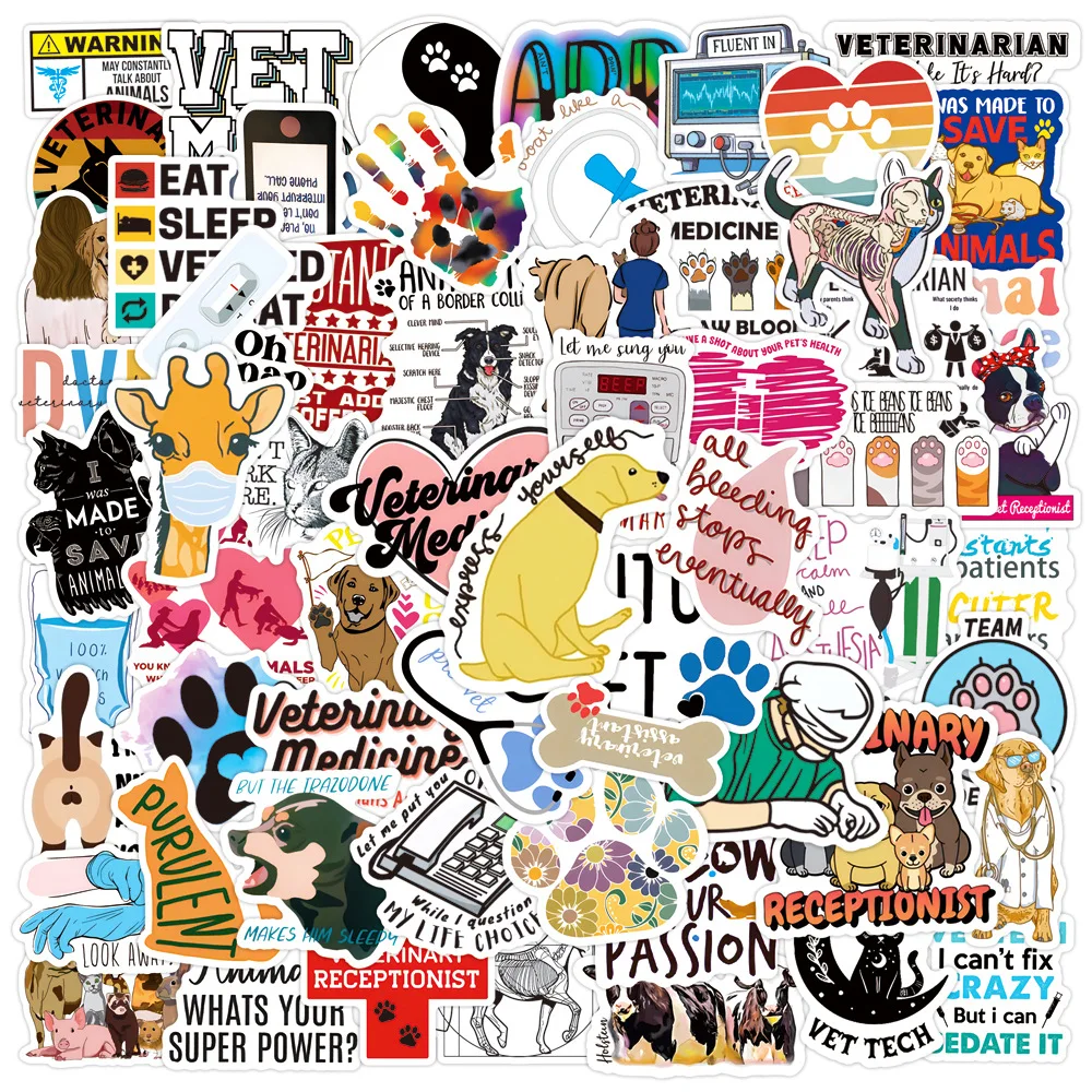 100Pcs Cute Veterinary Stickers, Funny Veterinarians Aesthetic Decals Vinyl Waterproof Stickers for Water Bottle Laptop Luggage