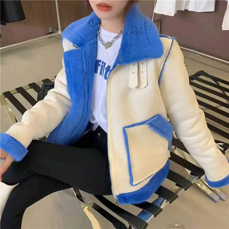 Women Fashion Thick Warm Faux Leather blue Shearling Jacket Coat Vintage Long Sleeve Flap Pocket Female Outerwear Chic Tops