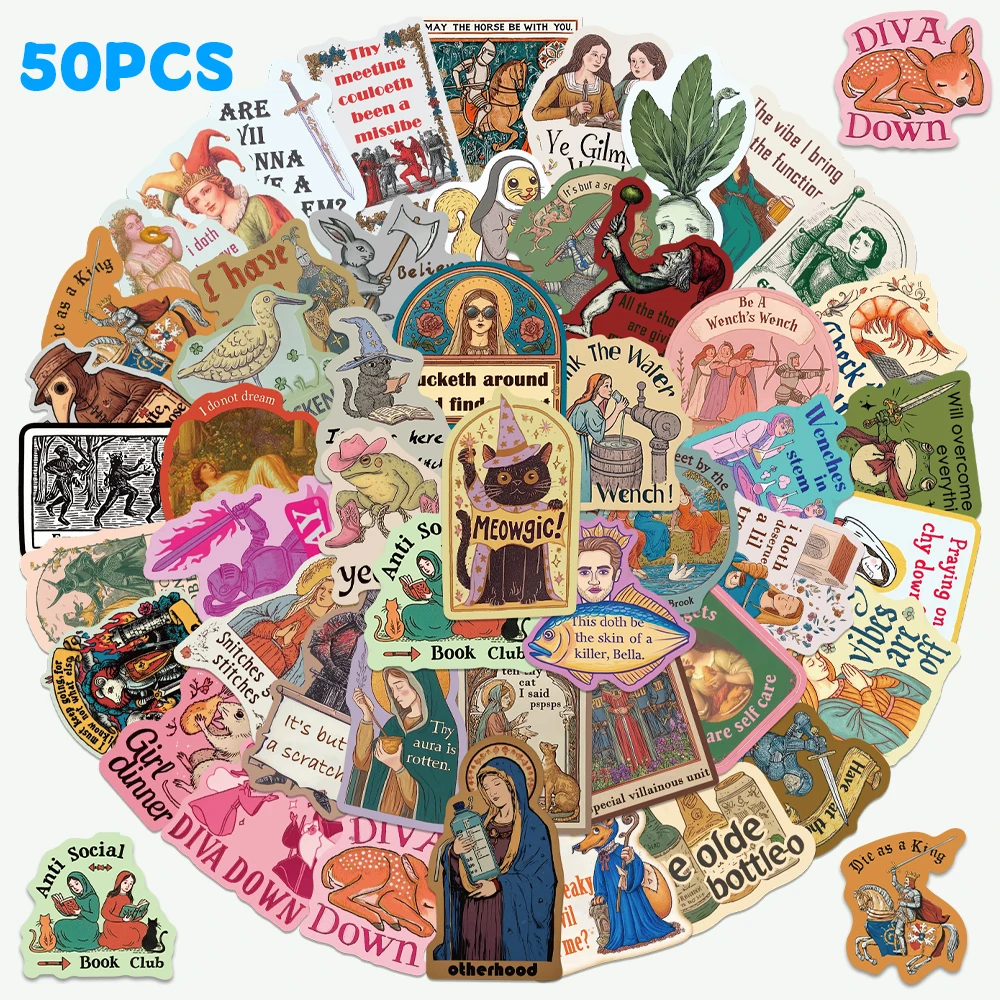 50 Stück Mittelalterliche Märchen-Graffiti-Aufkleber, lustige Cartoon-Sticker für Handyhüllen, Laptops, Tagebücher, Scrapbooks, Handbücher, PVC-Aufkleber