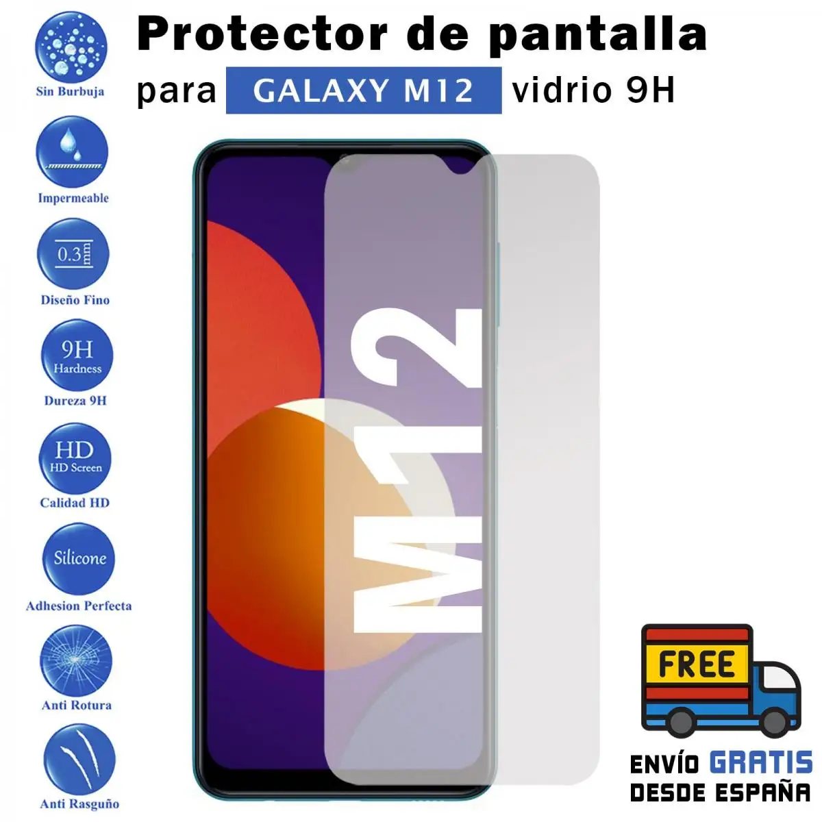 Samsung Galaxy M12 tempered glass screen Protector 9H for movil - Todotumovil