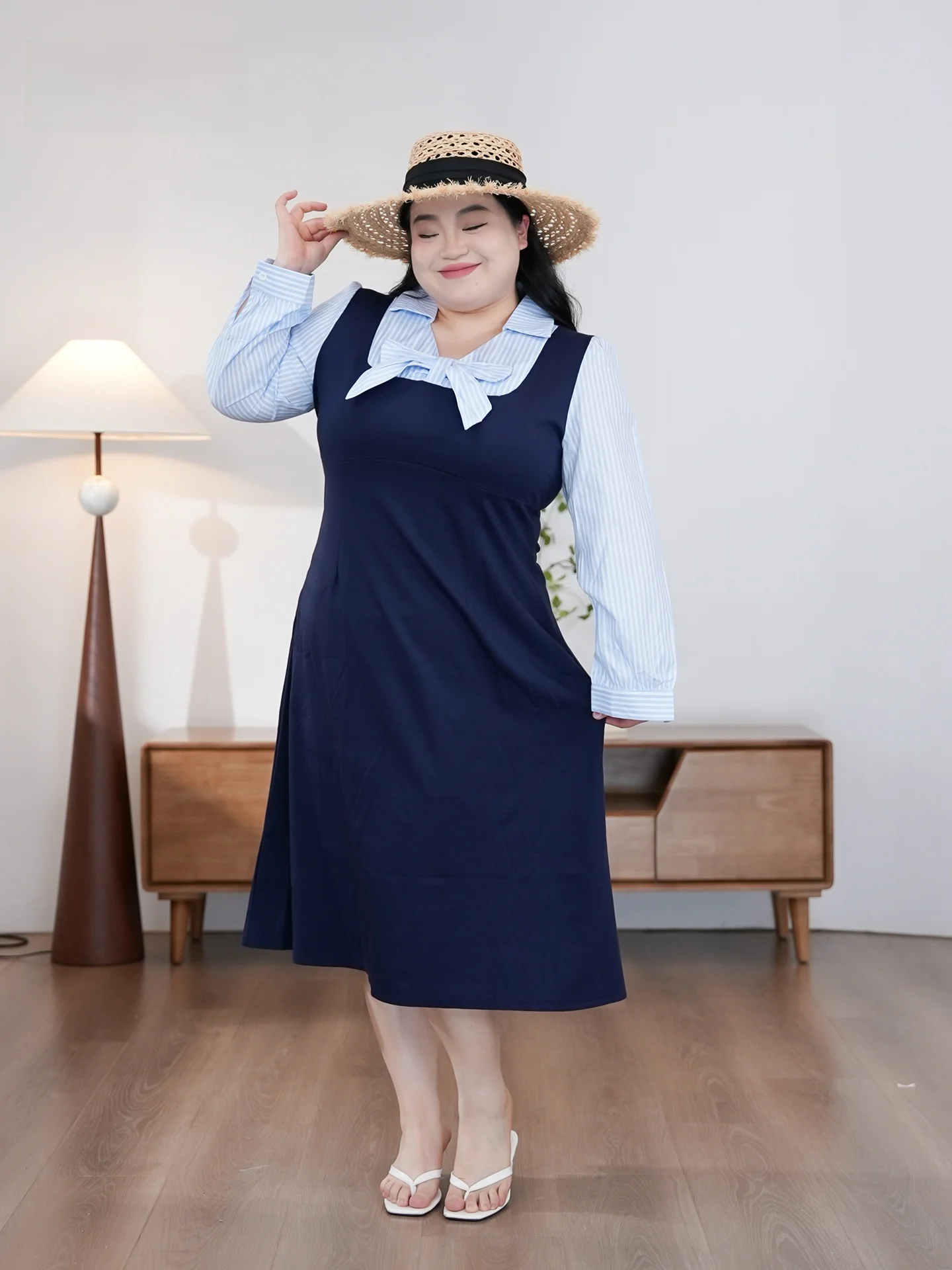 

Повседневное универсальное платье больших размеров с эффектом двухслойности, прямого кроя, с длинным рукавом, миди, для офиса и повседневной носки, осеннее, женское