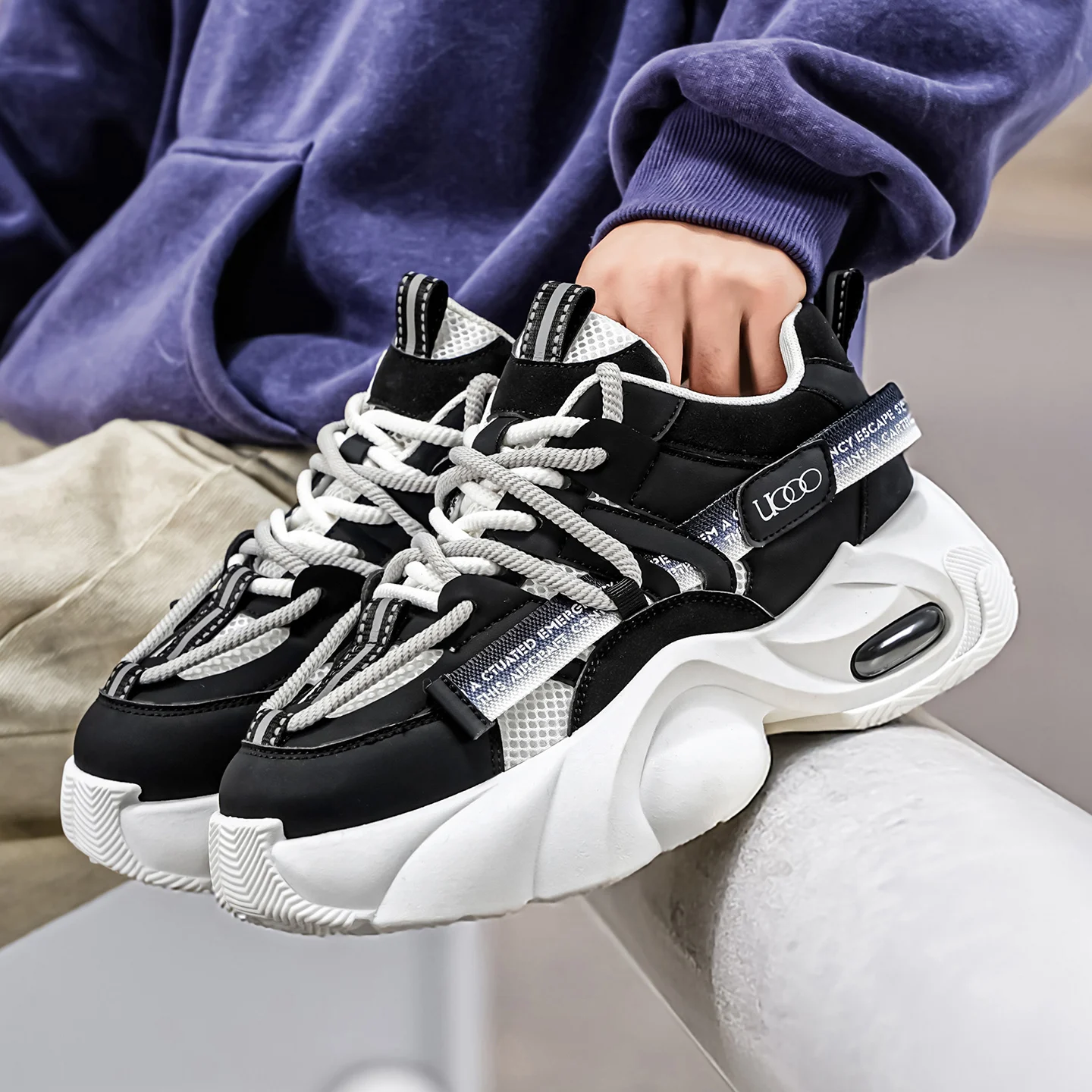 Men's Chunky Platform Dad Sneakers, Versatile Non-Slip & Durable Athletic Shoes with Hidden Heel Lift, Extended Sizes Available