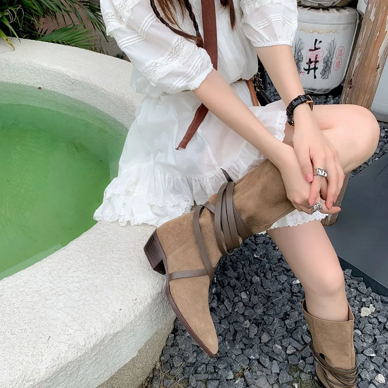 

Spring Autumn Woman Boots Warm Winter Shoes Western Boots Woman Slip On Simple Pleated Shoes Cow Suede Daily Botas Cross-Tied