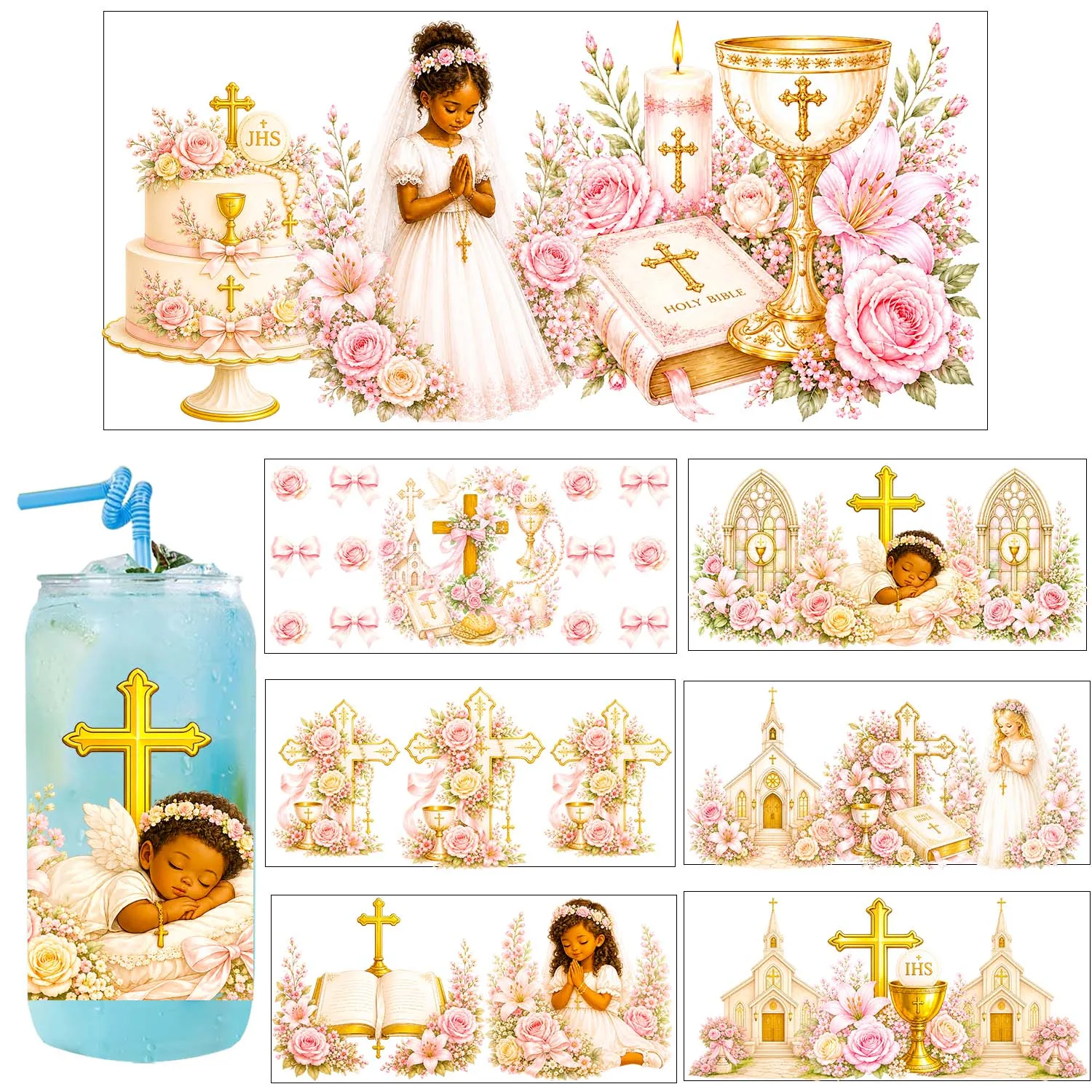 Cross Holy Grail Cute Angel Boys Girls Style UV Sticker DIY Decals 3D transfers uvdtf tumbler stickers 16oz uv dtf cup wraps