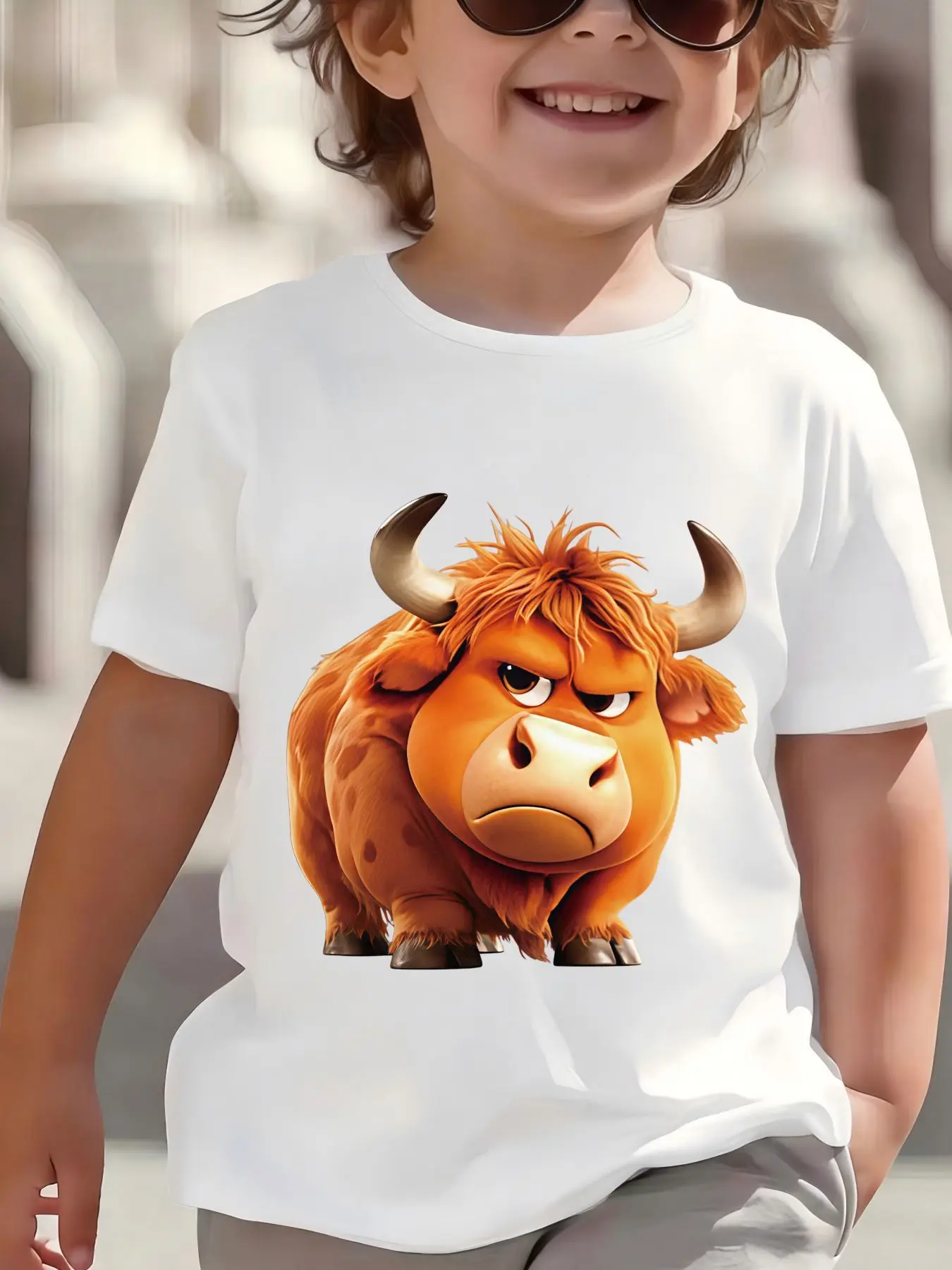 Kids Boys Girls Parent Child Matching Tee Grumpy Highland Cow Print Short Sleeve Crew Neck Soft Casual Daily Party Wear Tee