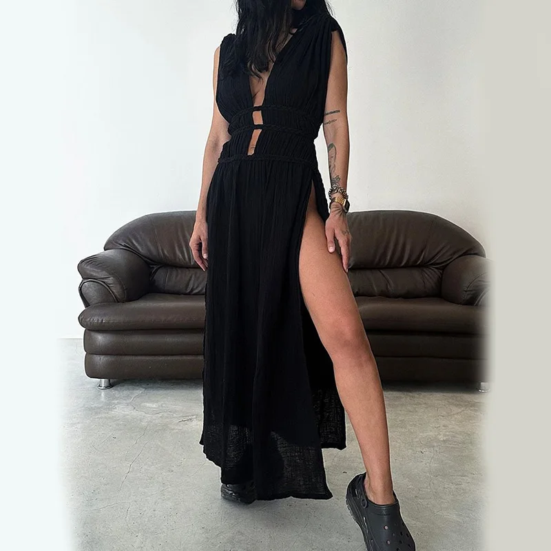 Women Sexy Dresses 2024 Sleeveless Slim Lace UP Hollow Out Midi Long Dress Women Sexy Split Side Solid Streetwear Dresses