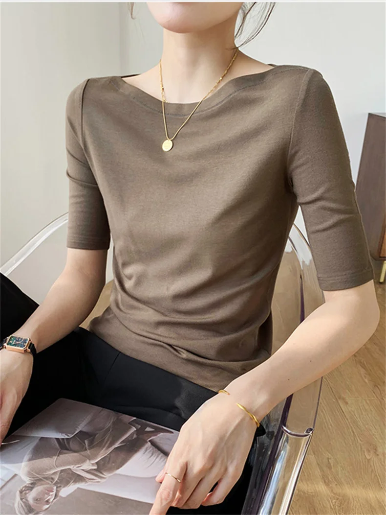 Summer New Women Knitted Cotton Elegant Slash Neck Crop Tops Half Sleeve Slim Casual Temperament Cozy Undershirts Blouses