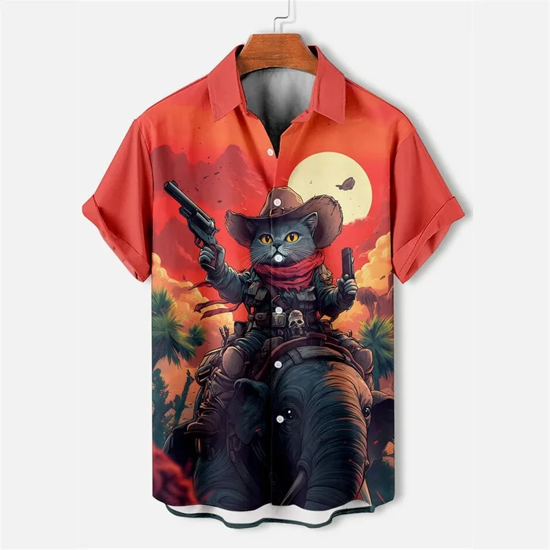 

Летние рубашки с 3D принтом и короткими рукавами на пуговицах с лацканами, винтажная гавайская рубашка с кошачьим узором, мужская модная летняя блузка для отдыха, забавная