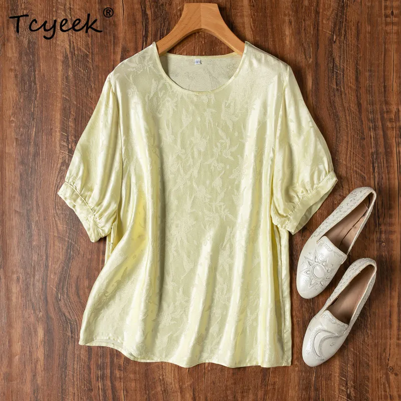 

Tcyeek 100% Real Silk Women T Shirt 2026 Summer High-quality Fabric Breathable Lantern-sleeve Top Female Clothing Ropa De Mujer