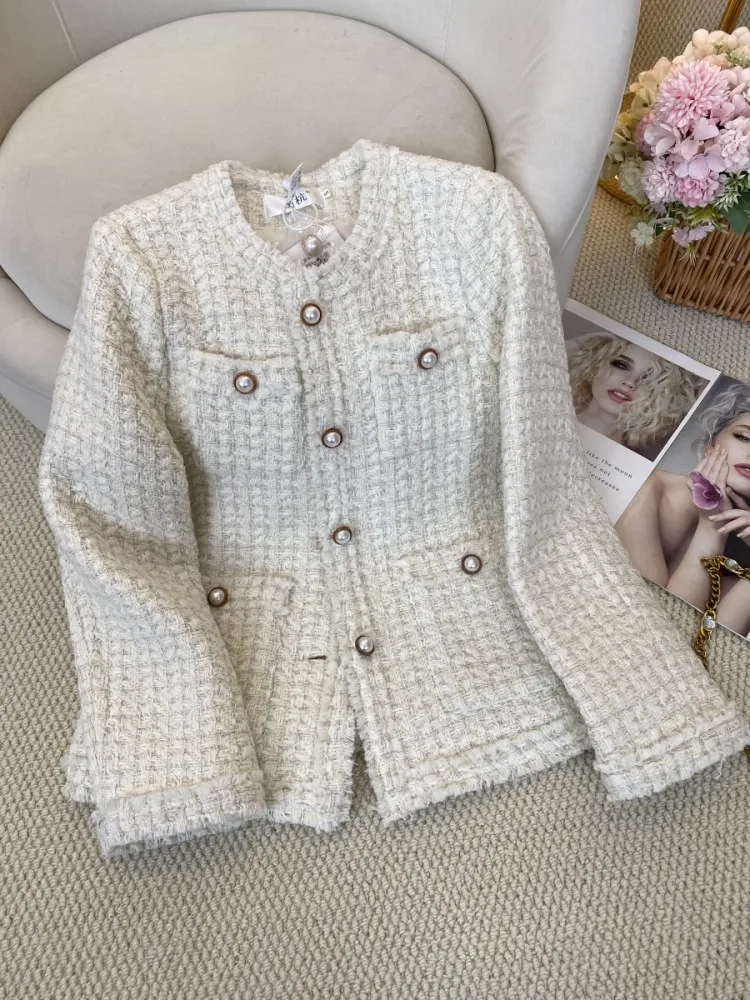 New  White jacket, elegant socialite, pearl button, woolen tweed top coat