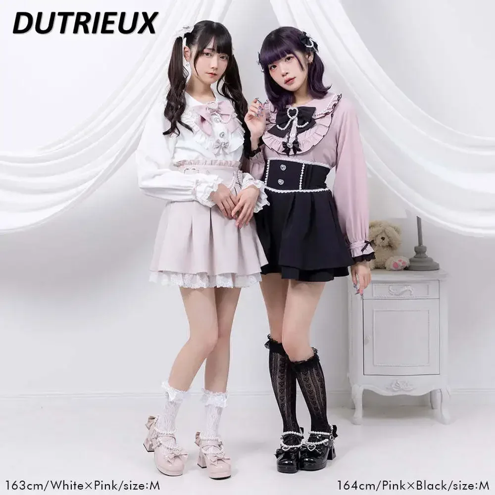 Japanese Style Sweet Blouse Kawaii Girls 2024 Summer New Bow Doll Collar Ruffled Underwear Shirt Preppy Style Camisas De Mujer