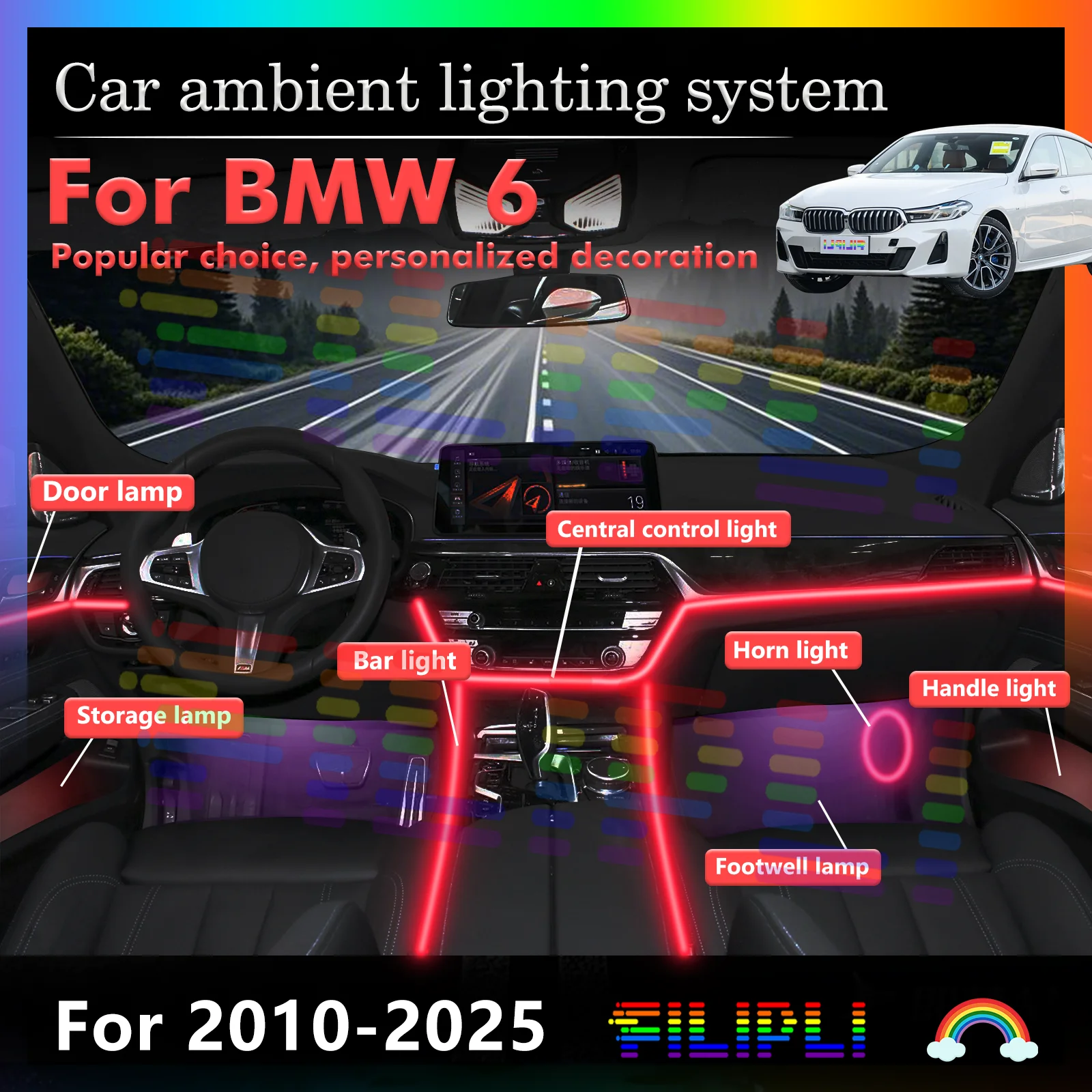 

For BMW 6 Series Car Interior Ambient Light RGB 64-Color LED Smart Remote Control Energy Saving Efficient Lamp Kit