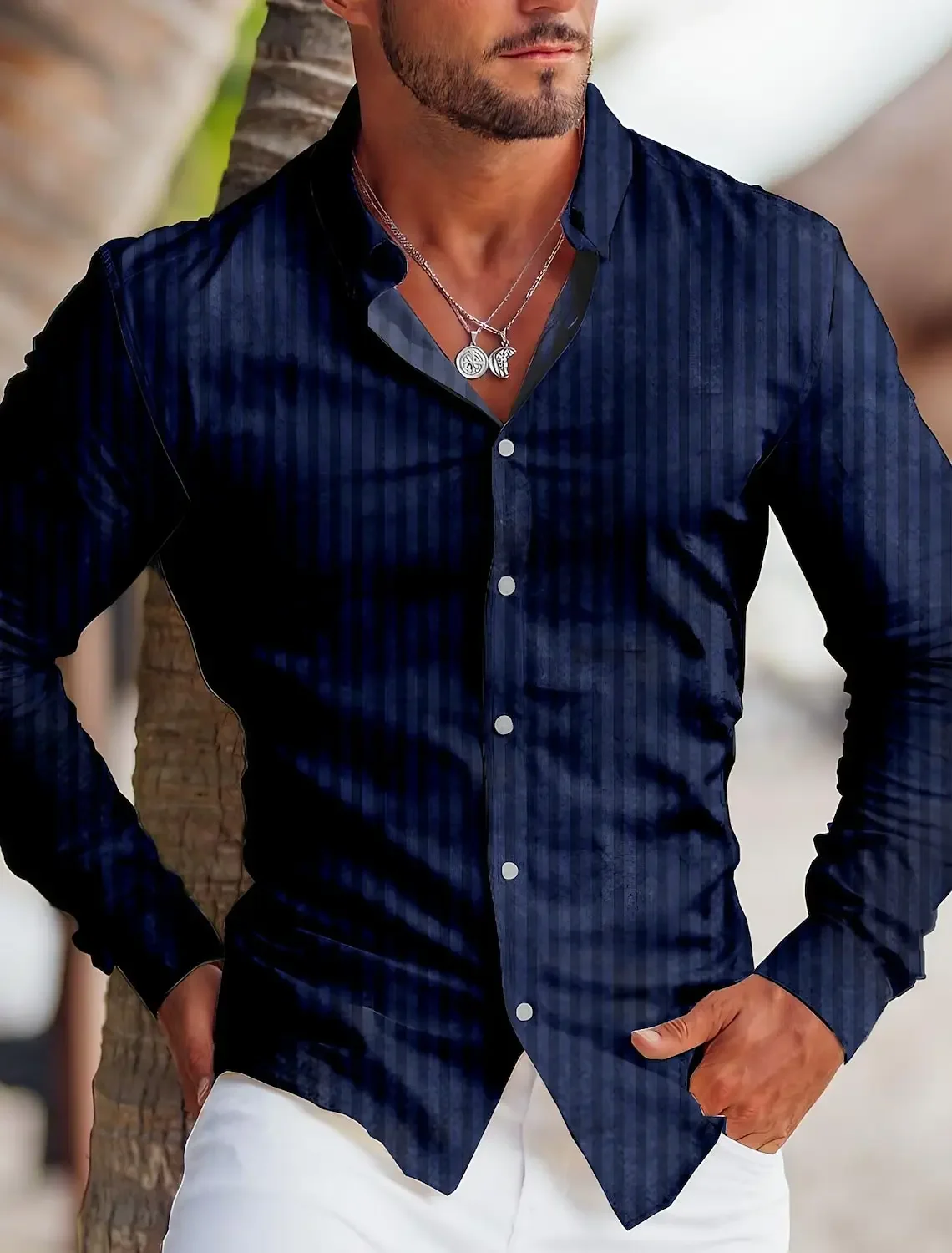 

Spring Men's Single-breasted Lapel Long Shirt Daily 3D Printing Simple Striped Pattern Casual Button Cardigan Men's Shirt