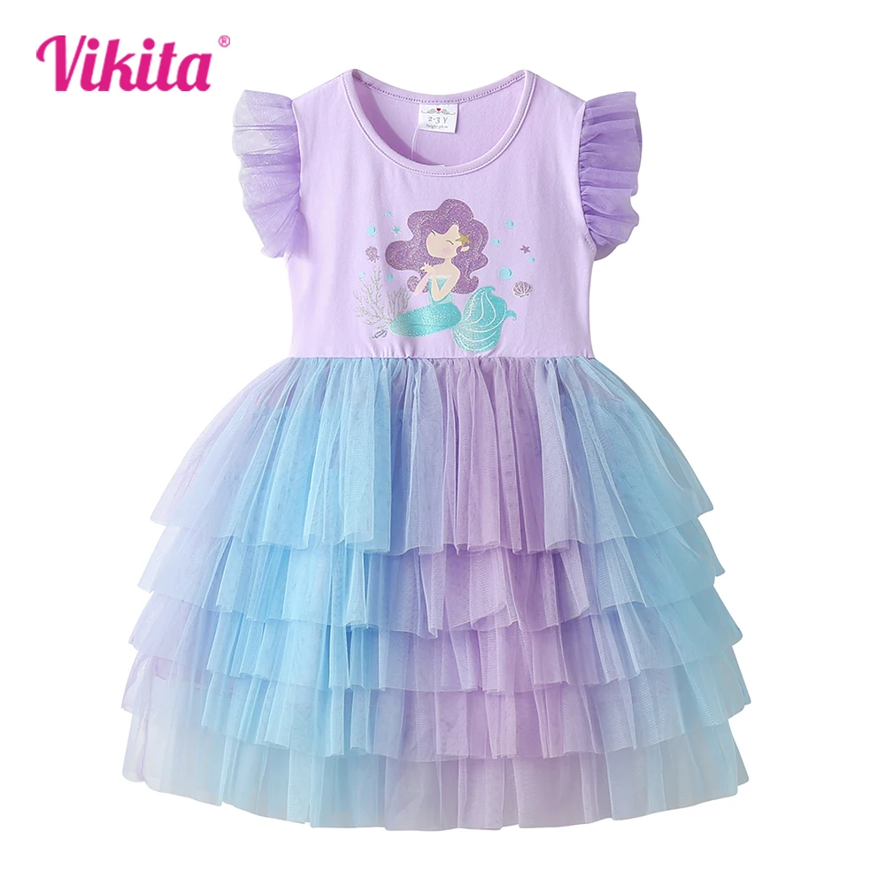 

VIKITA Kids Princess Party Summer Tutu Dress Girl Mermaid Costumes Cosplay Outfits 3-10 Yrs Kids Fantasy Tulle Mesh Prom Gown