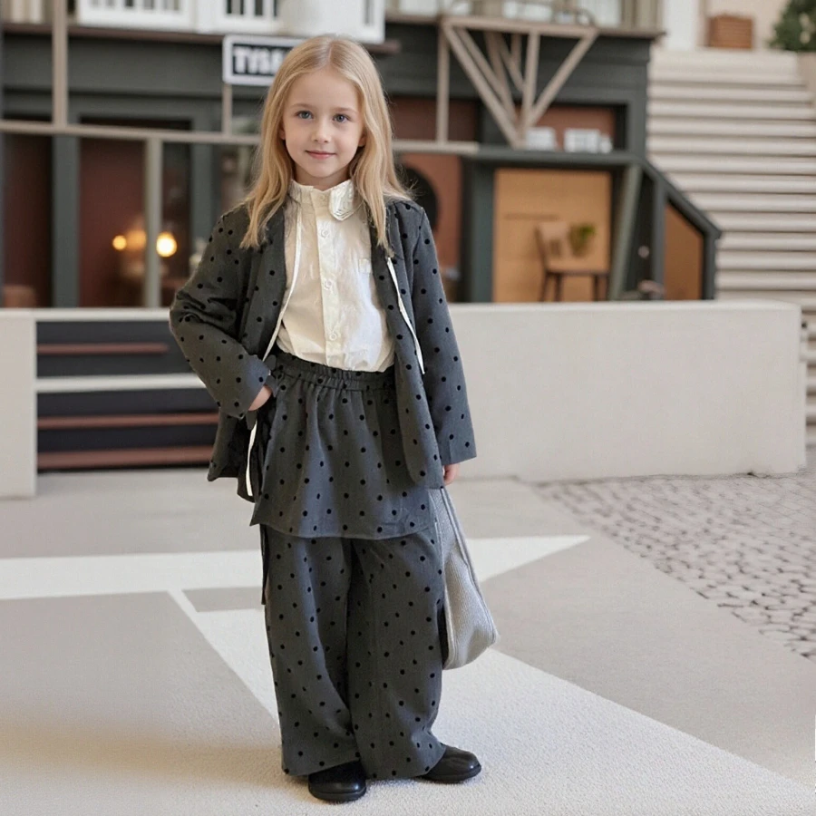 Grey Set Polka Dot Girls Suit 2026 Spring Vintage-inspired Plaid Blazer Pants Fashion Two-Piece School Teen Children Costumes