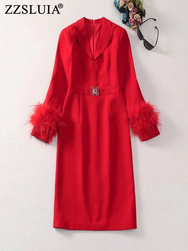 

ZZSLUIA Red Color Dresses For Women Feather Designer Long Sleeve Slim Midi Dress Fashion Diamonds Elegant Dresses Female Clothes