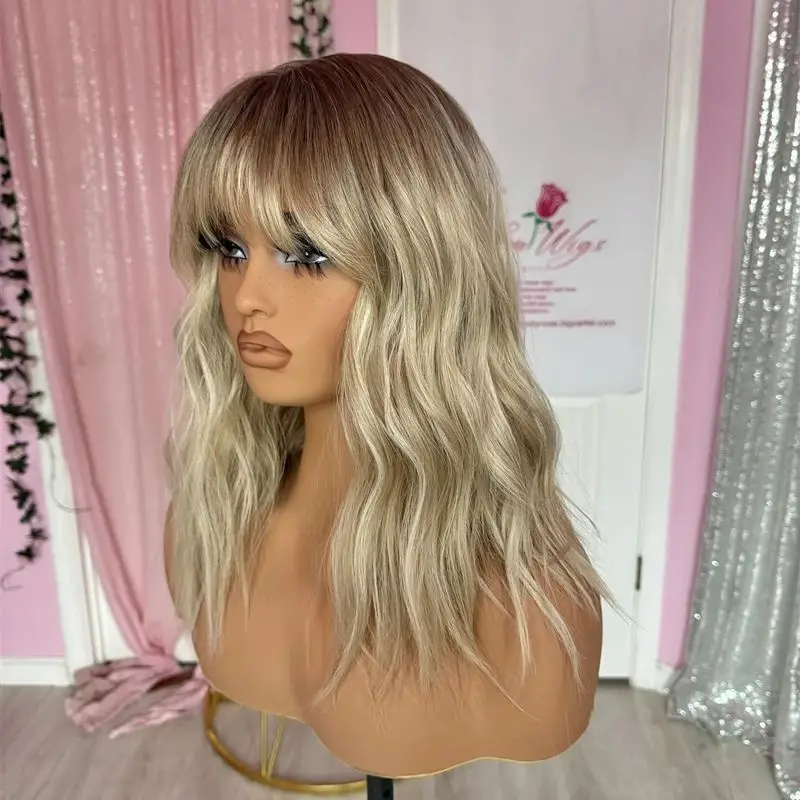 Ombre Ash Blonde Loose Wave HD Transparent Lace Front Wig With Bangs Realistic Hairline Wig Heat Safe Sythetic Wavy Hair Wig