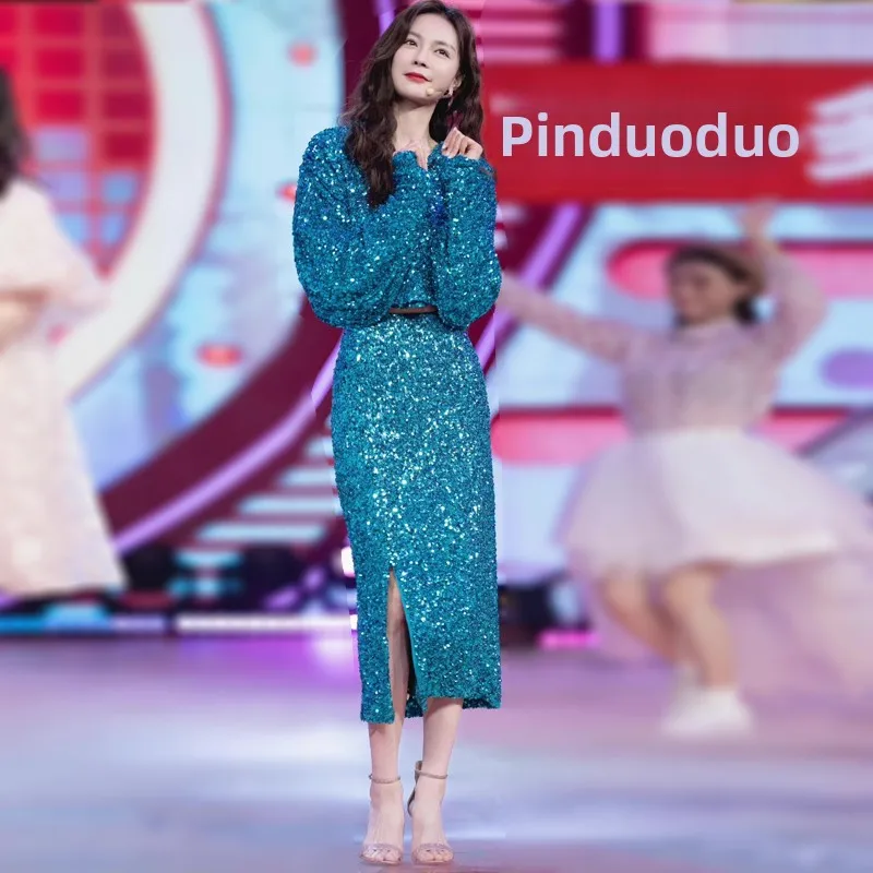 

Комплект Naturaleye: топ с пайетками и V-образным вырезом, юбка миди с разрезом, рукава «летучая мышь», стандартная толщина, повседневный стиль