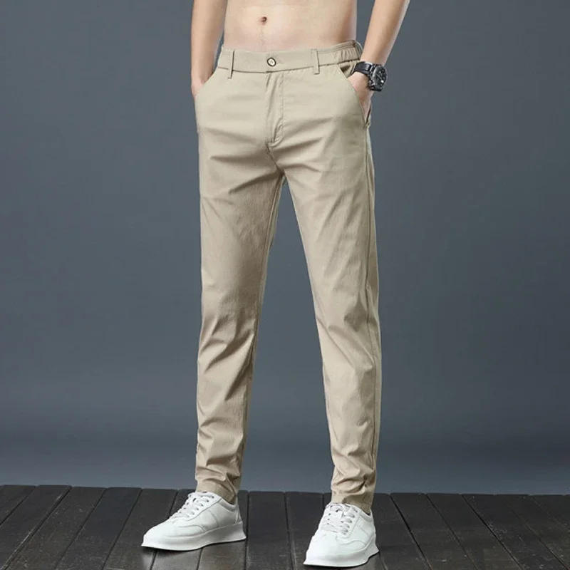 Ice Silk Men\'s Casual Pants Sweatpants Simple Khaki Black Slim Straight Stretch Casual Trousers Male Brand Clothing