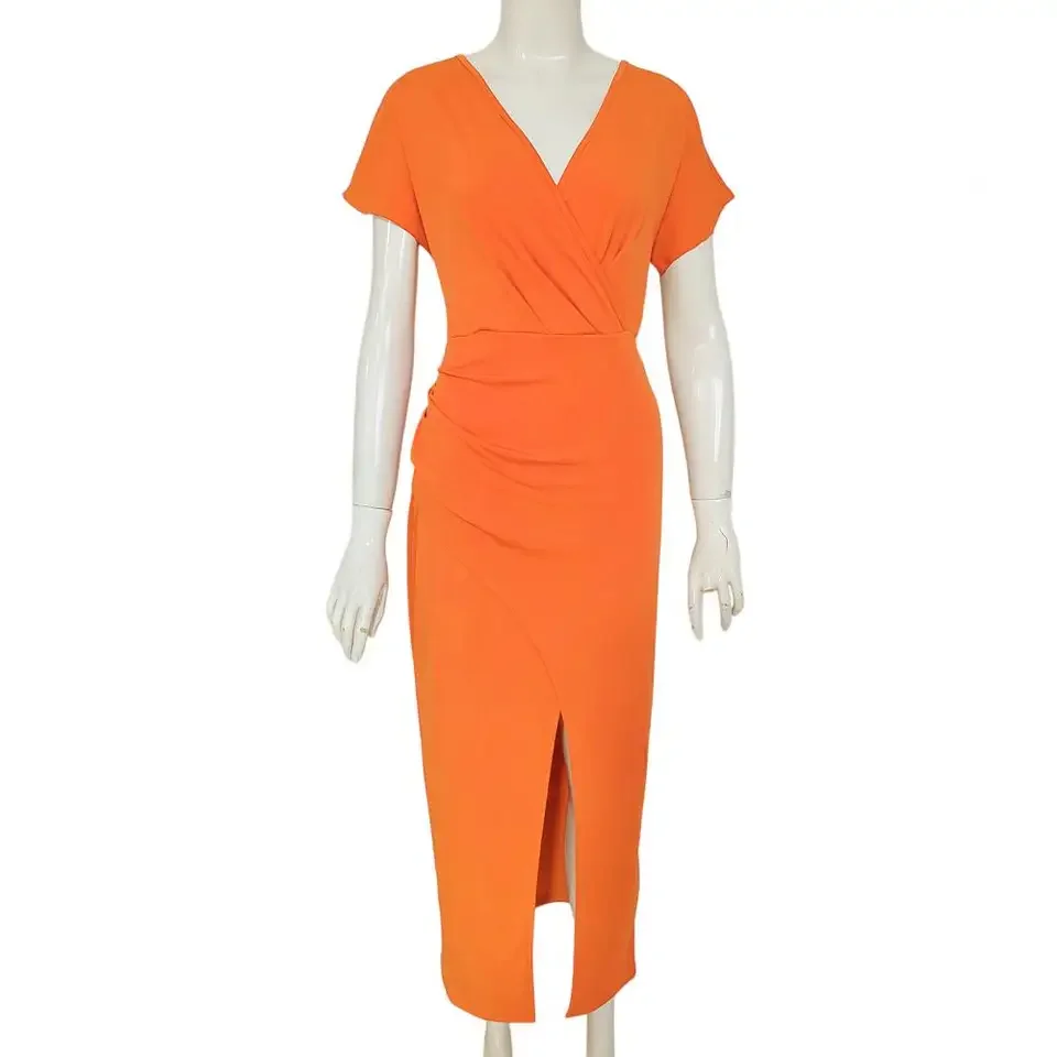 

Summer New Women's Temperament Commuting Simple Elegant Dress Fashion Forged Split Solid Color V-neck Mid-waist Dresses Outfit