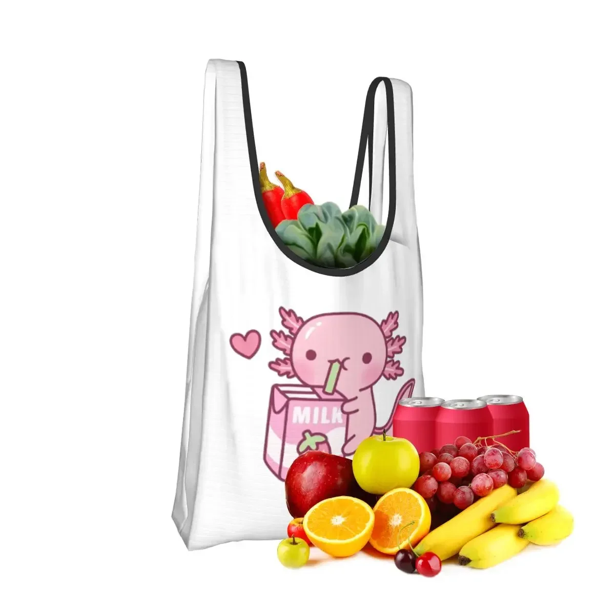 Cute Axolotl Loves Strawberry Milk Doodle Portable Tote Shopping Bags Reusable Shopper Bag Grocery Handbag Shoulder Bag