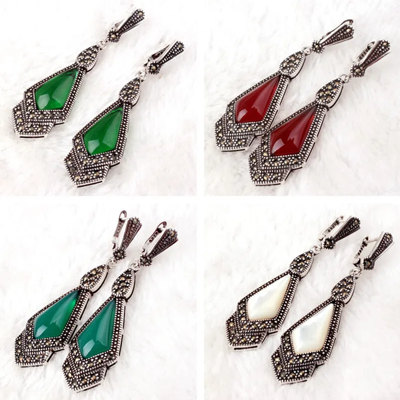 Drop Red Green Agate CZ Crystal Shell Marcasite Tibetan Silver Gorgeous Necklace Pendant Earring Ring Women Fashion Jewelry Set