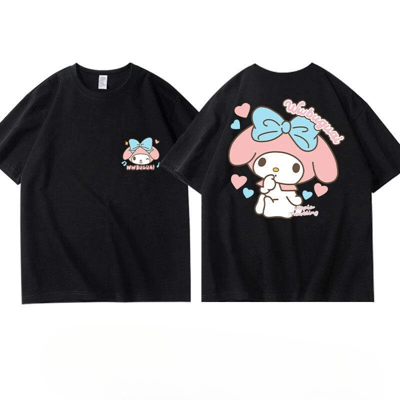 Sanrio Kuromi Co Branded Pure Cotton Children's T-shirt Cartoon Double Sided Printed Casual Fashion Parent Child Short Sleeve