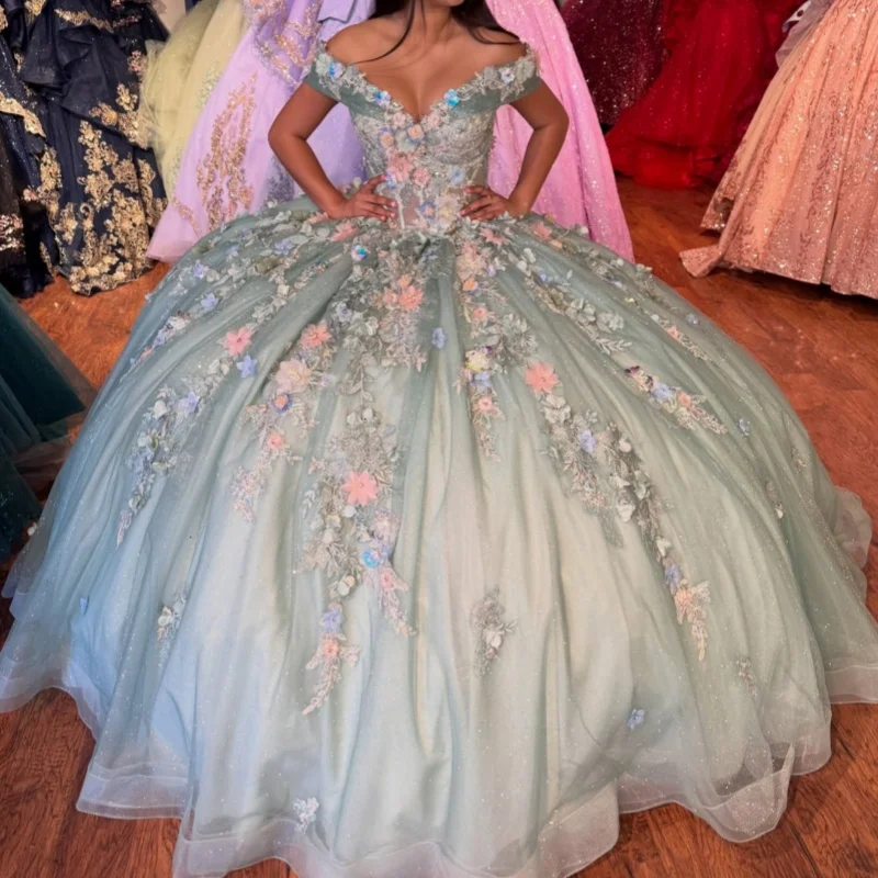 

Shiny Mint Green Quinceanera Dresses Off the Shoulder 3D Flower Decal Crystal Long tail Vestido De 15 Quinceanera Customize