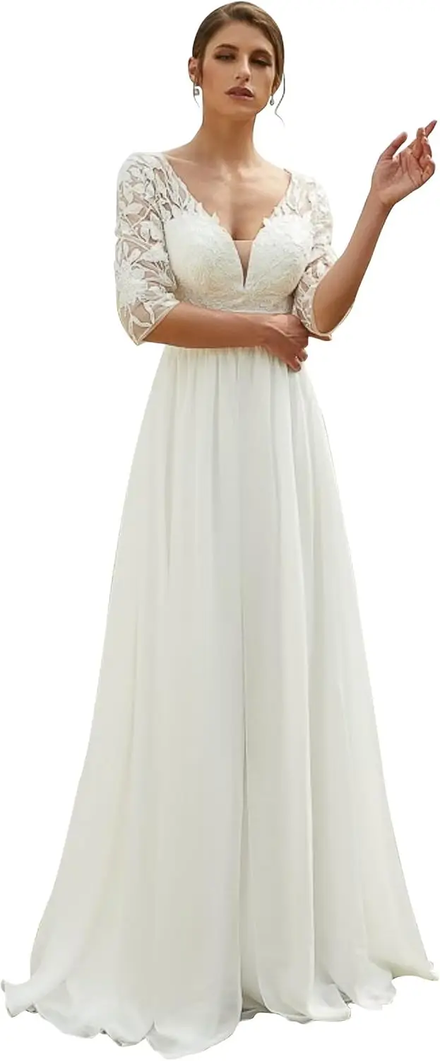 

Simple Wedding Dresses for Women Bride Boho Off Shoulder Lace Appliques A Line Chiffon V Neck Bridal Gowns with Train