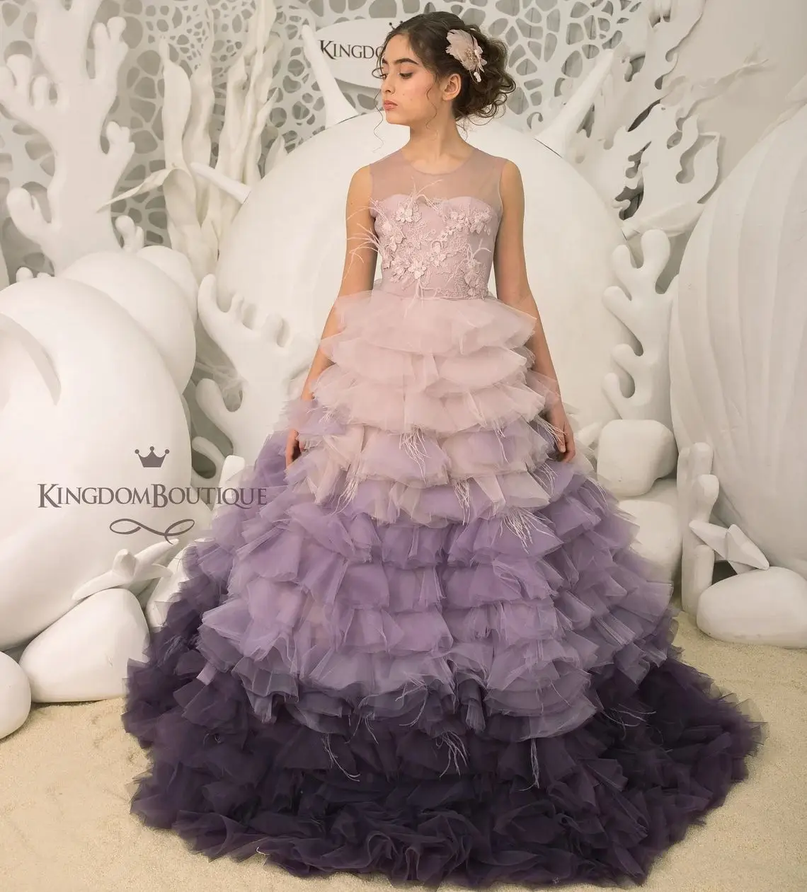 Ombre Purple Flower Girl Dresses For Wedding Kids Party Girls Pageant Dresses Princess Feather Children Birthday Baby Prom Gowns