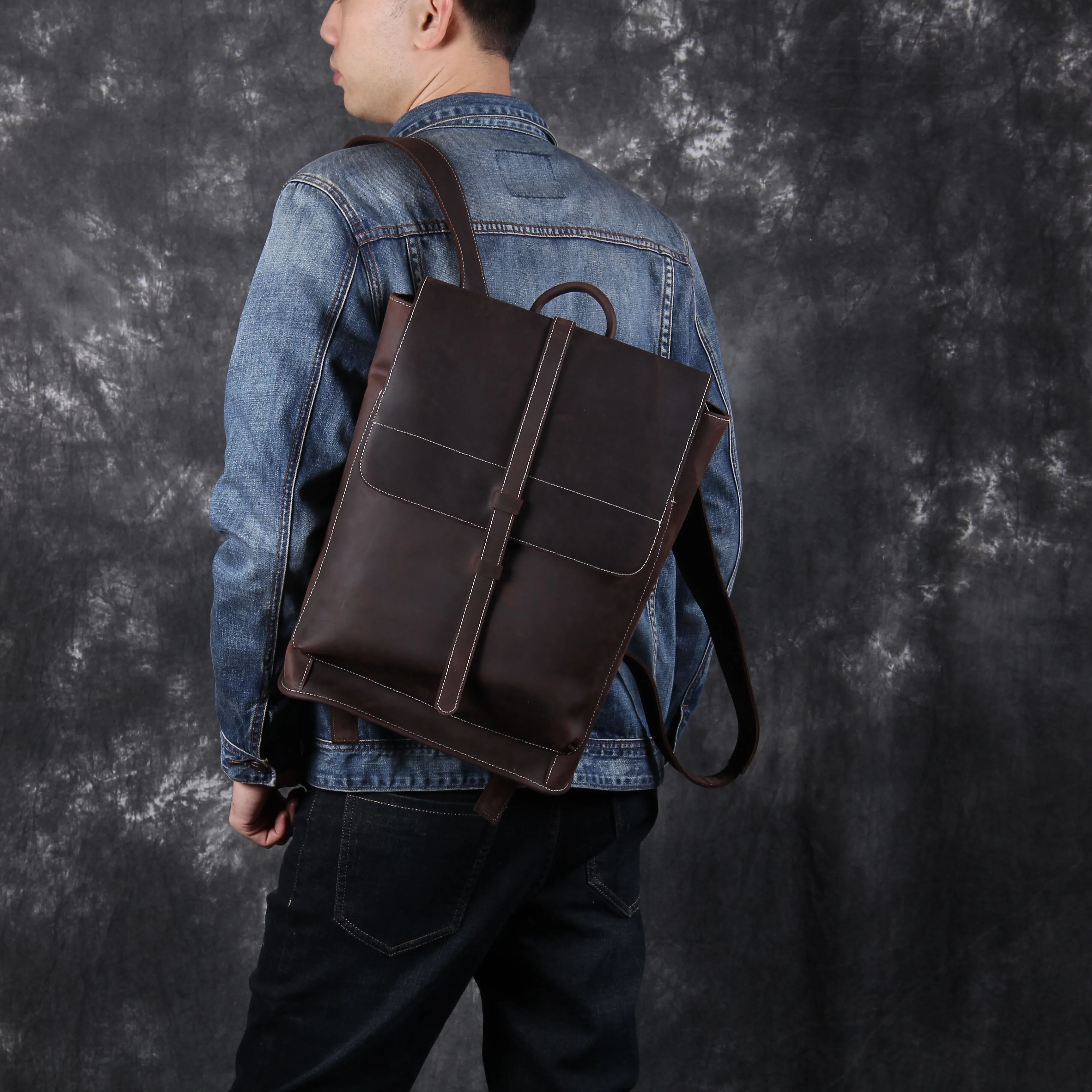 Vintage Echtleder Herrenrucksack Handgefertigte Top-Grain-Leder Laptop-Umhängetasche Crazy Horse Tasche Mode für Männer – Detail 5