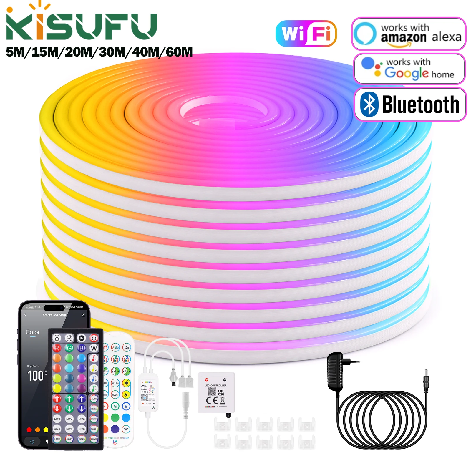 24V RGB LED Neon Strip Lights Smart WIFI Bluetooth App Remote Control Kit Waterproof Silicoen Neon Rope Light Music Sync 30M/60M