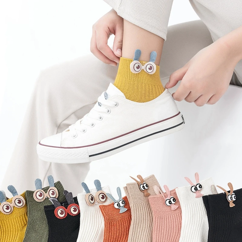 

6Pairs Women Socks Cartoon Animal 3D Big Eyes Rabbit Eared Short Tube Socks Novelty Funny Soft Cotton Ankle Sokken Gift Summer