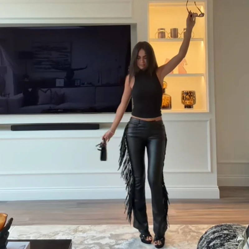 Women Both‑side Long Tassel Faux Leather Bootcut Pants Low‑rise Slim Black Flare Trousers Y2k Night Out Clubwear