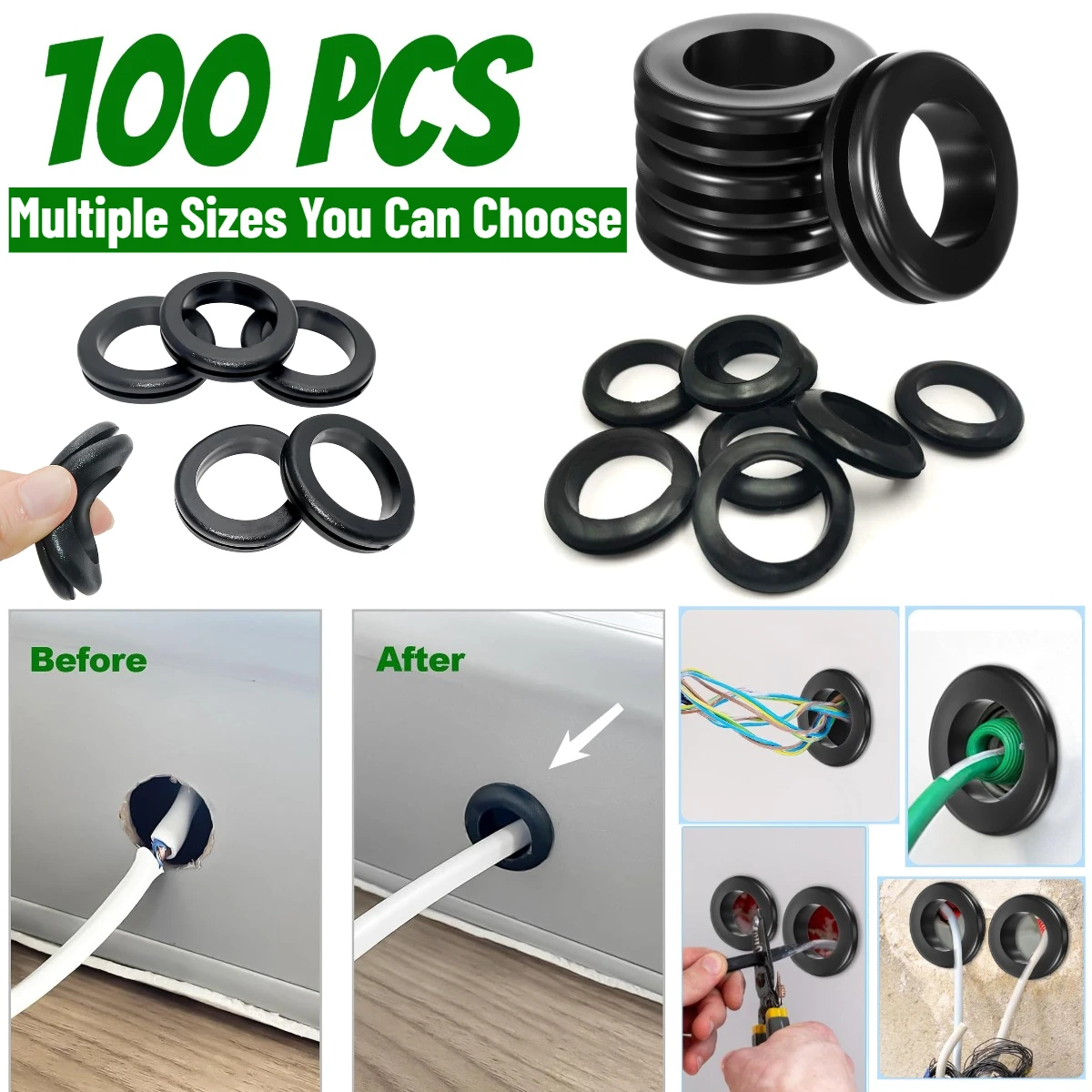 100PCS Rubber Grommets 3-80mm Full Sizes for Wiring Panel Hole Eyelet Ring Gasket Electric Box Wires Cables Hoses Protection