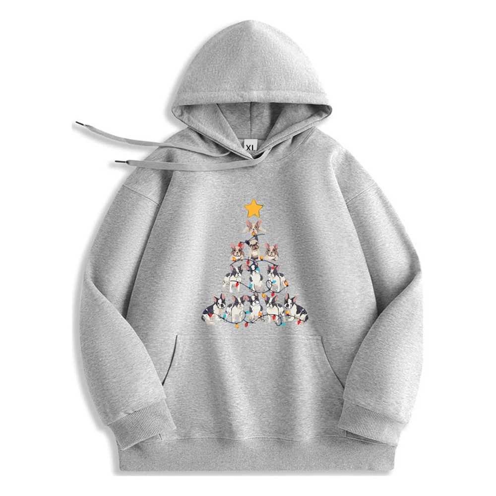 France dog Christmas Tree Hoodie Trendy Fashionable Design Mens Sweatshirt Comfortable Long Sleeve