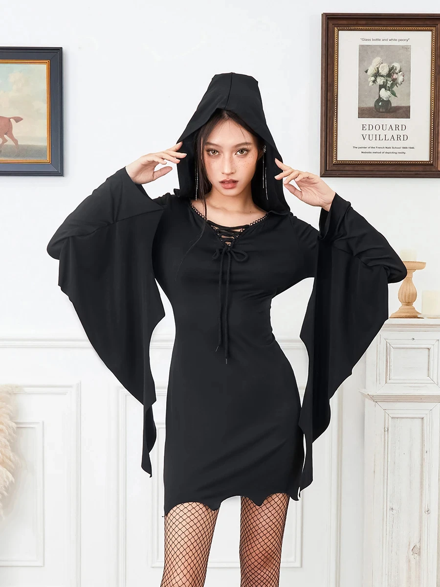 

Women's Short Halloween Irregular Hem Dress Costume Black/Skull Print Bat Long Sleeve Cosplay Party Prom Dress