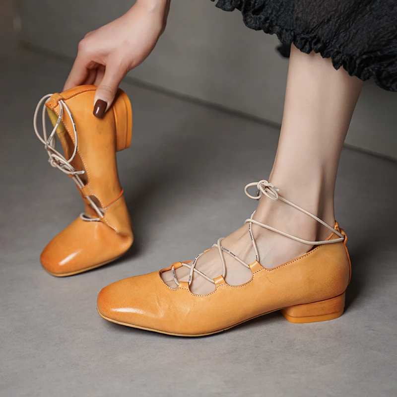 ماري جينس نساء جلد الحصان شريط مرن ساحة تو الضحلة الشقق فستان صيفي أحذية السيدات اليدوية