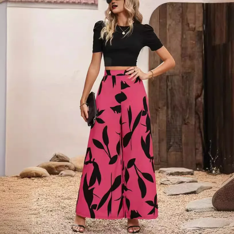 Casual Print Wide Leg Pants Women Fashion Street High Waist Simple Pant Female Boho Loose All Matching Pants Black