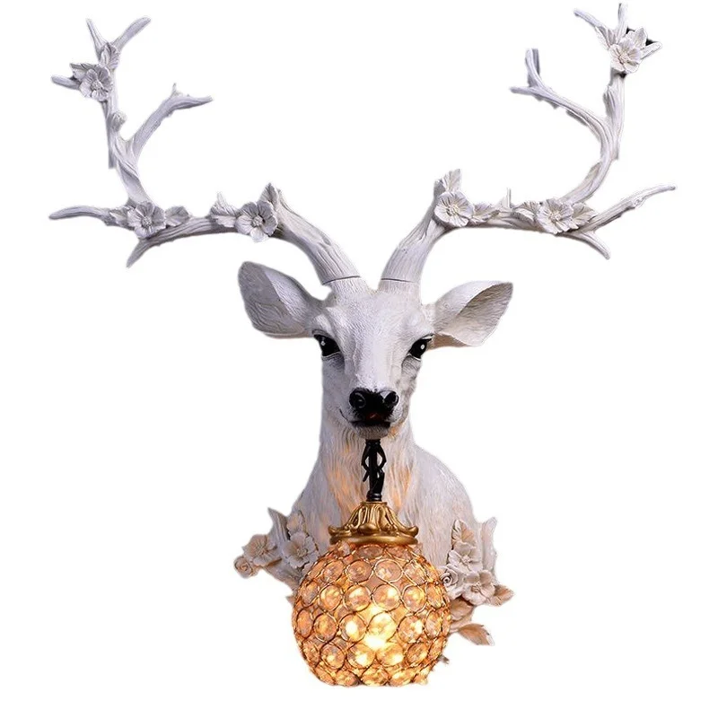 American lucky deer head wall  retro living room TV wall creative entrance restaurant decorative lamp antler lamp wall