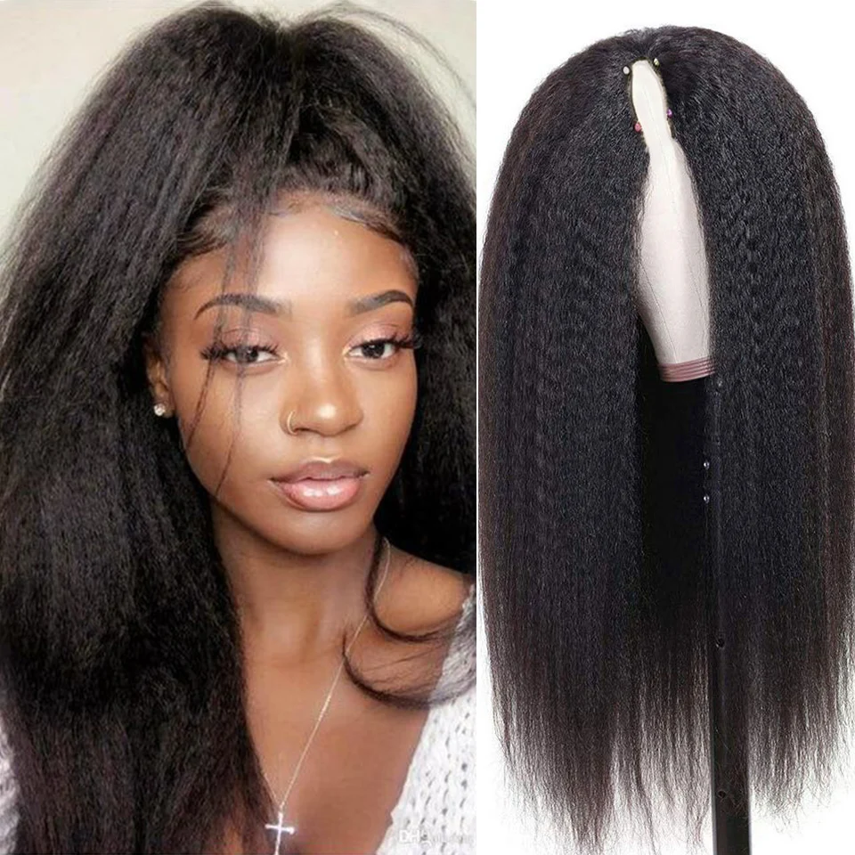 180% Density Kinky Straight V Part Wig Human Hair Brazilian Hair Wigs V Shape Human Hair Wigs No Leave Out Machine Made Natural