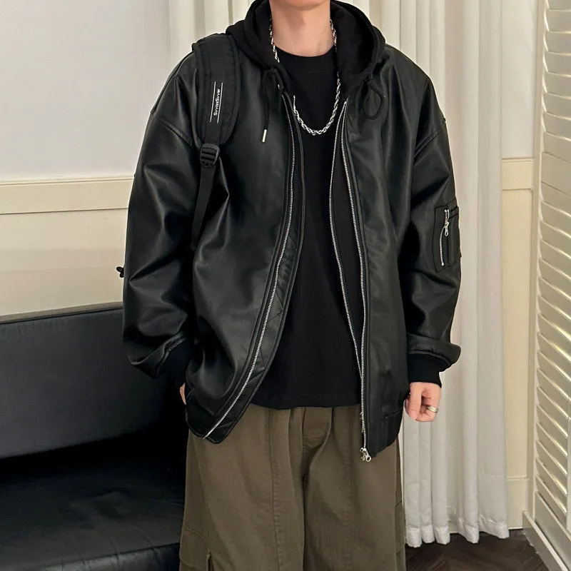 

American Sle Cleanfit Men's Flight Leather Jaet Casual Loose Workwear Hooded Outerwear Faionable Spring Coat